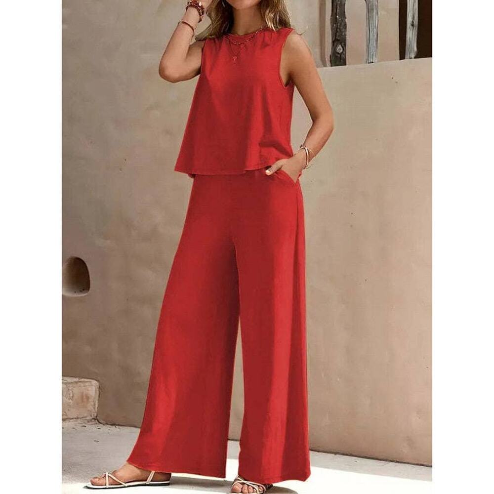 Solid Color Sleeveless Tank Top & Wide-Leg Pants Set